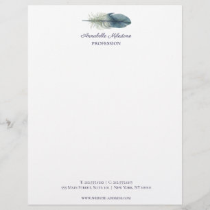 Chic Hand drawn blue grey watercolor feather V1 Customised Letterhead