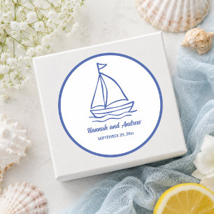 Chic Hand Drawn Boat with Waves Wedding Favour Classic Round Sticker