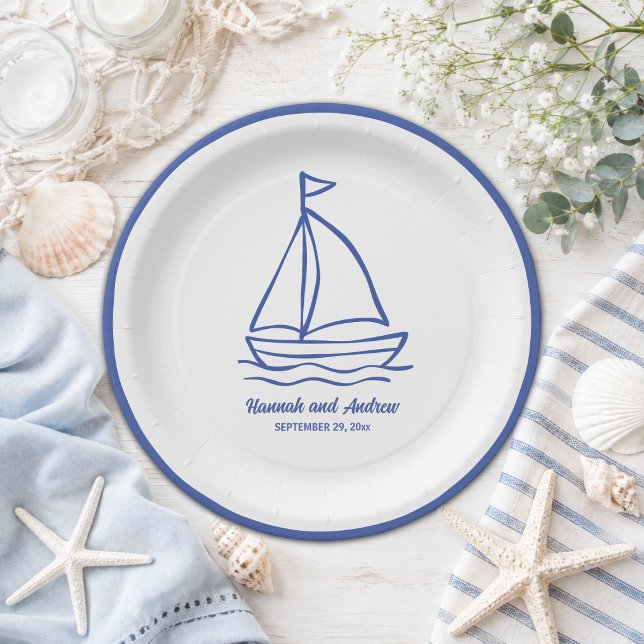 Chic Hand Drawn Boat with Waves Wedding Paper Plate (Creator Uploaded)