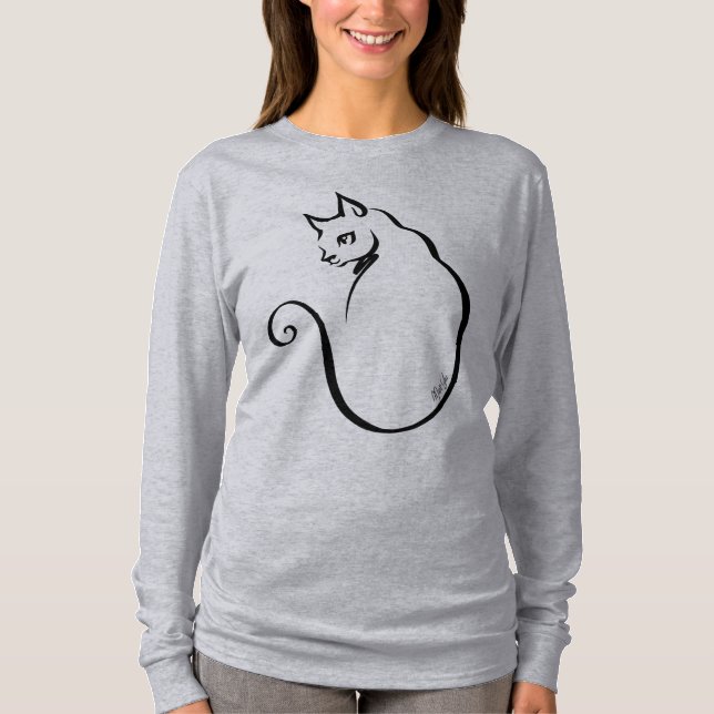Chic Hand Drawn Cat Flowy Off Shoulder Shirt (Front)