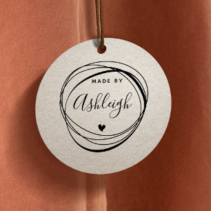 Chic Hand Drawn Circle & Heart Made By Custom Name Rubber Stamp