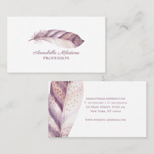 Chic Hand drawn pink purple watercolor feather Business Card
