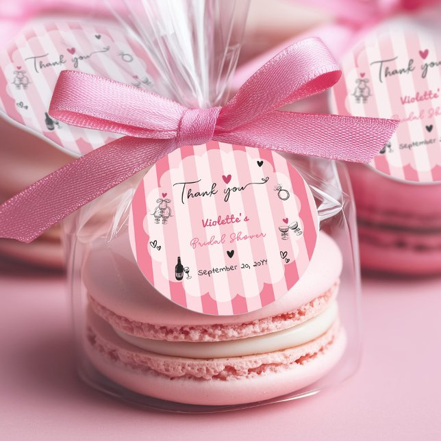 Chic Hand Drawn Pink Stripe Bridal Shower  Classic Round Sticker (Creator Uploaded)