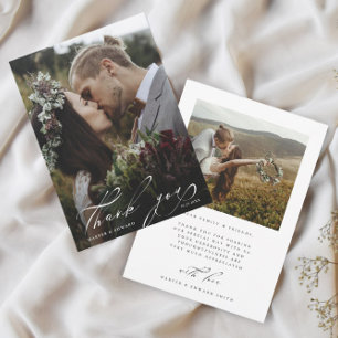 Chic Hand Lettered 2 Photo Wedding  Thank You Card