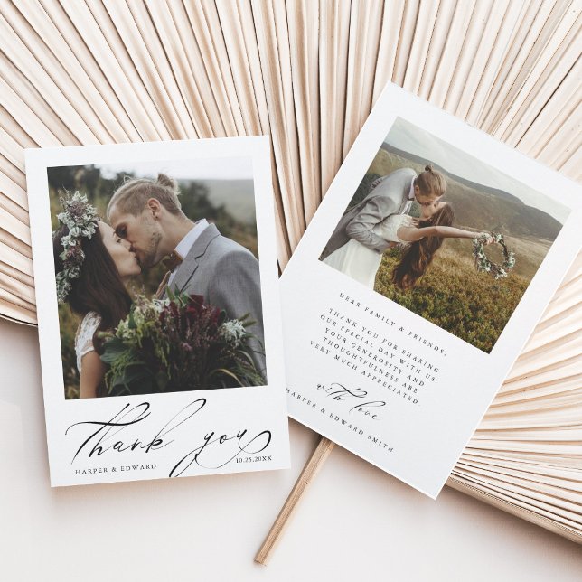 Chic Hand Lettered 2 Photo Wedding Thank You Card (Creator Uploaded)