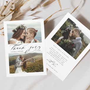 Chic Hand Lettered 3 Photo Wedding Thank You Card