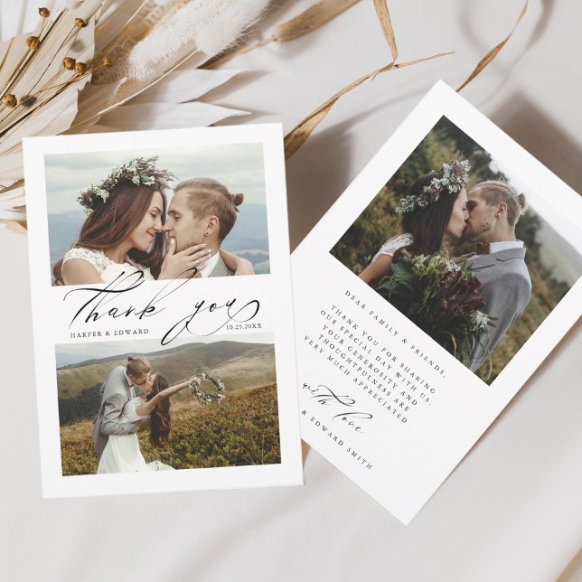 Chic Hand Lettered 3 Photo Wedding Thank You Card (Creator Uploaded)