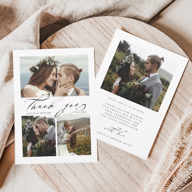 Chic Hand Lettered 4 Photo Wedding Thank You Card (Creator Uploaded)