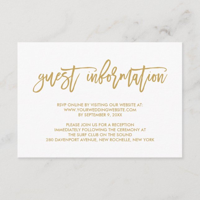 Chic Hand Lettered Gold Wedding Guest Information Enclosure Card (Front)
