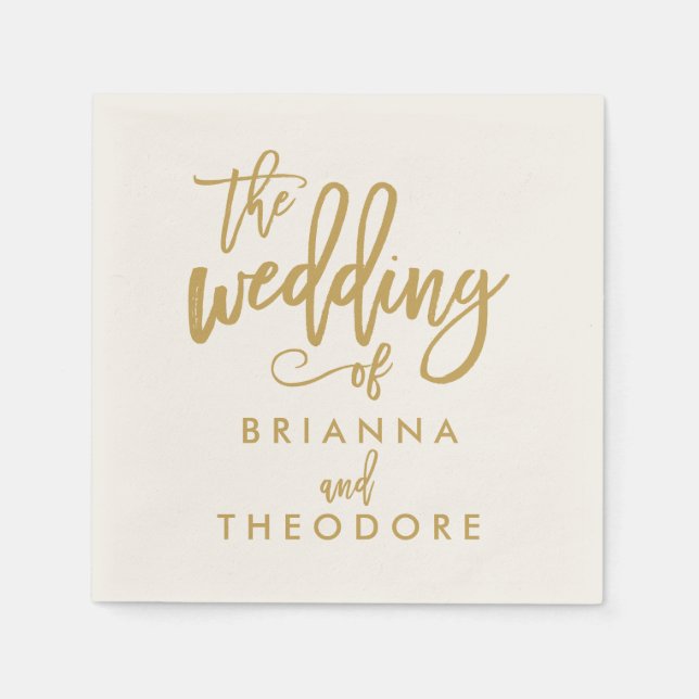 Chic Hand Lettered Gold Wedding Napkins (Front)