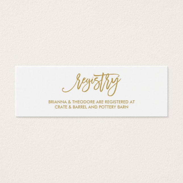 Chic Hand Lettered Gold Wedding Registry Card (Front)