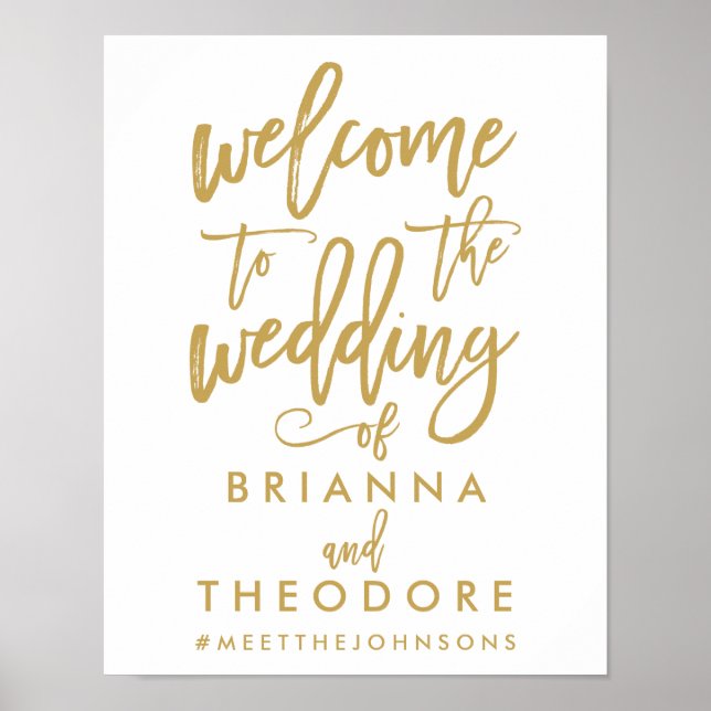 Chic Hand Lettered Gold Wedding Welcome Sign (Front)