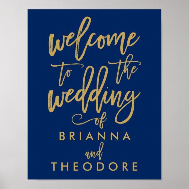 Chic Hand Lettered Gold Wedding Welcome Sign Navy (Front)