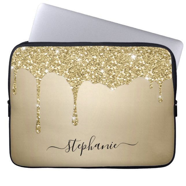 Chic Hand Lettered Name Gold Glitter Sparkle Drips Laptop Sleeve (Front)