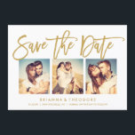 Chic Hand Lettered Save The Date Photo Collage<br><div class="desc">This elegant and modern 3-photo save the date card features a beautiful brush-script font in gold. Visit the shop to see the rest of the collection from the Chic Typography Gold suite.</div>