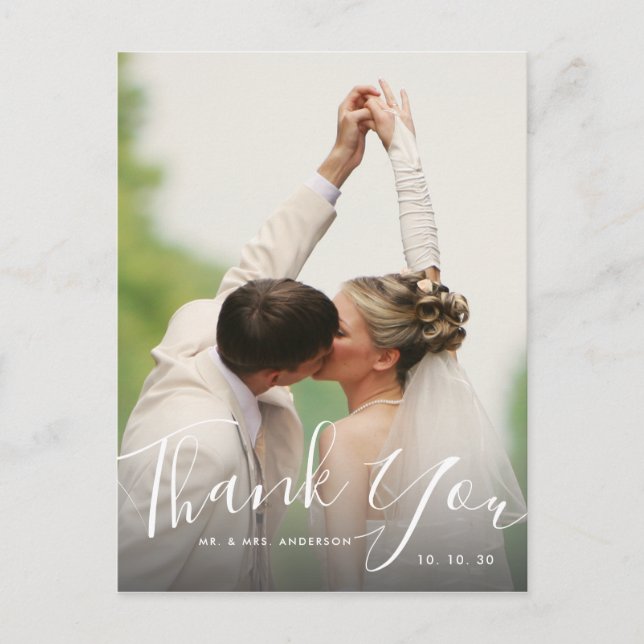 Chic Hand Lettered Script Photo Wedding Thank You Postcard (Front)
