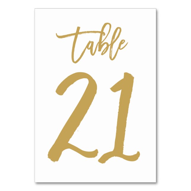 Chic Hand Lettered Table Number Gold | Table 21 (Front)