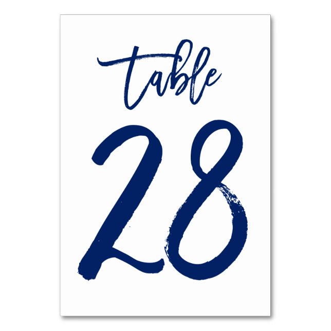 Chic Hand Lettered Table Number Navy | Table 28 (Front)