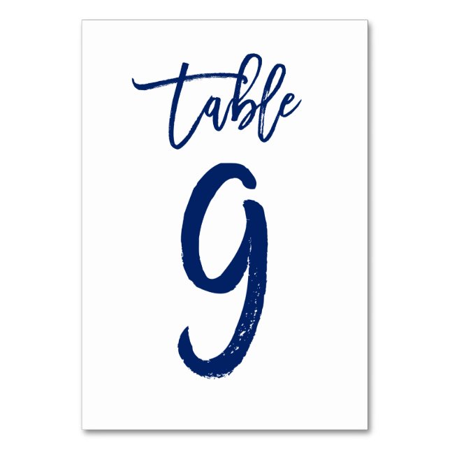 Chic Hand Lettered Table Number Navy | Table 9 (Front)