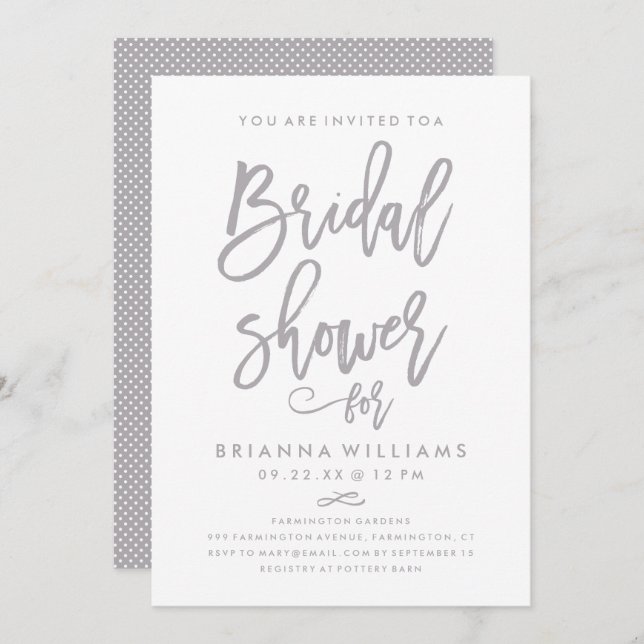 Chic Hand Lettered Wedding Bridal Shower Silver Invitation (Front/Back)