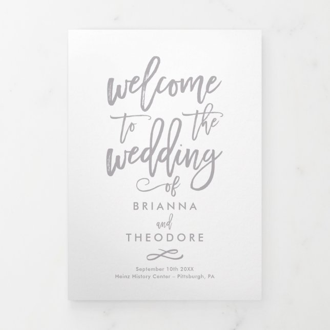 Chic Hand-Lettered Wedding Ceremony Photo Program Tri-Fold Programme (Cover)