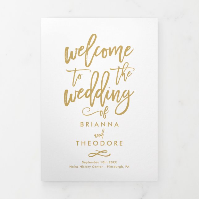 Chic Hand-Lettered Wedding Ceremony Photo Program Tri-Fold Programme (Cover)
