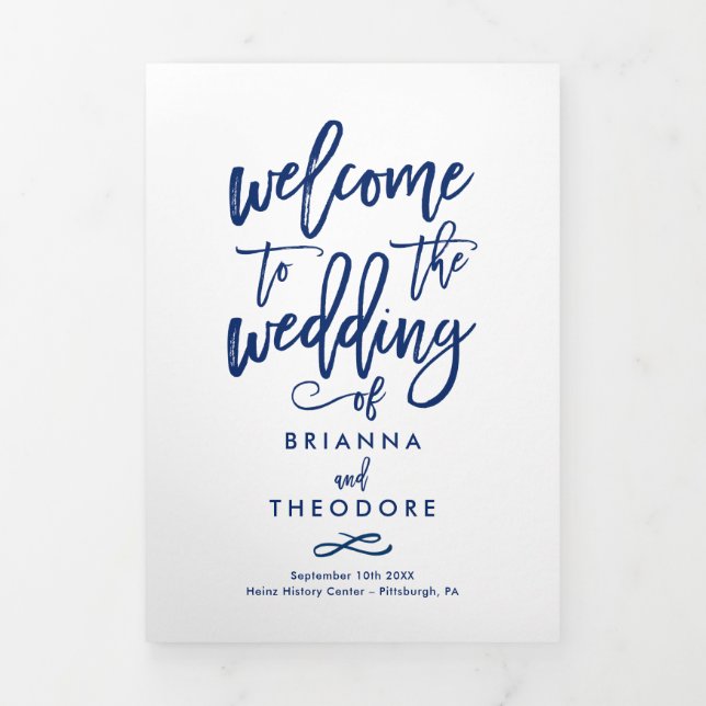 Chic Hand-Lettered Wedding Ceremony Photo Program Tri-Fold Programme (Cover)
