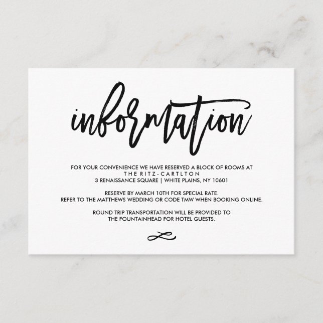 Chic Hand Lettered Wedding Information Card (Front)