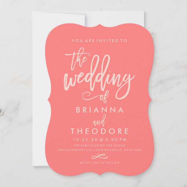 Chic Hand Lettered Wedding Invitation Coral (Front)