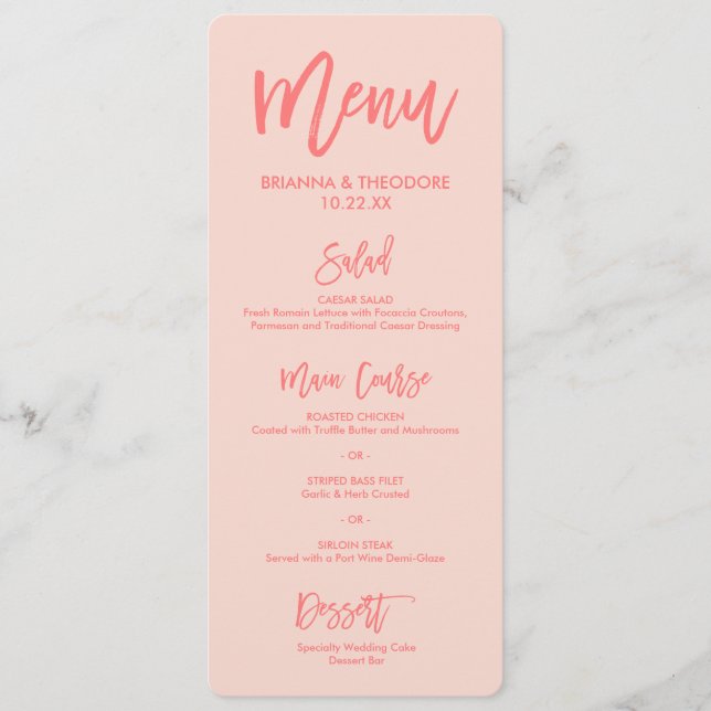 Chic Hand Lettered Wedding Menu | Coral (Front)