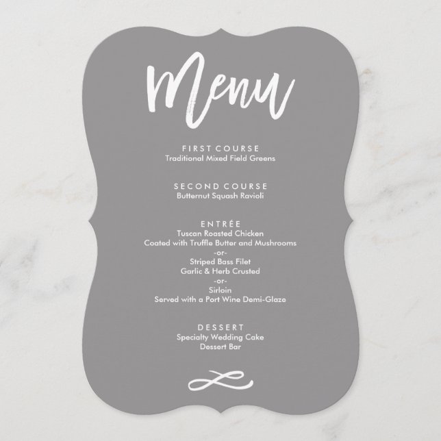 Chic Hand Lettered Wedding Menu Grey (Front)