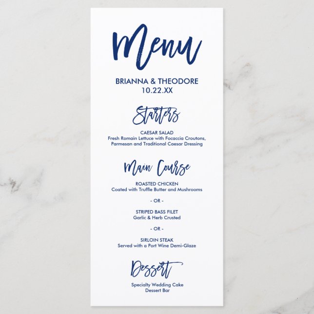 Chic Hand Lettered Wedding Menu Navy Blue (Front)