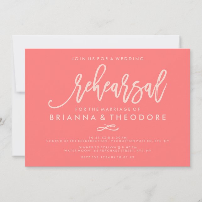 Chic Hand Lettered Wedding Rehearsal Coral Invitation (Front)