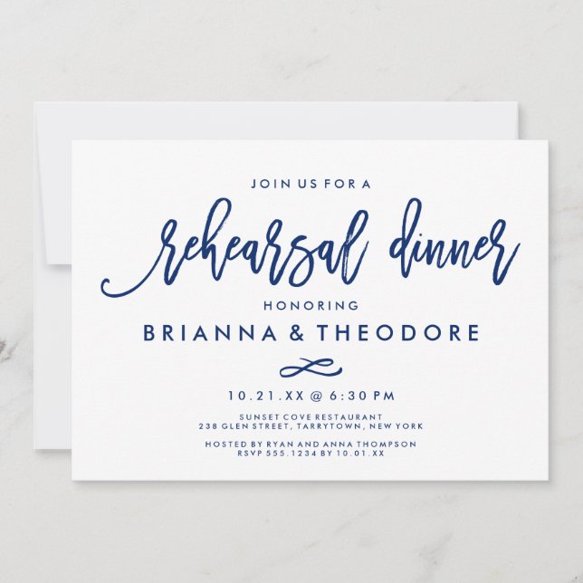 Chic Hand Lettered Wedding Rehearsal Dinner Navy Invitation (Front)