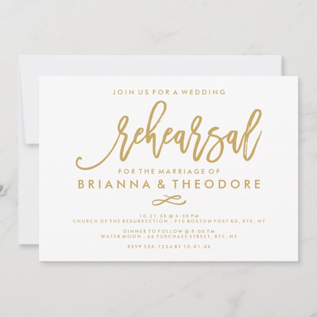 Chic Hand Lettered Wedding Rehearsal Gold Invitation (Front)