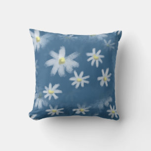 Chic Hand-Painted White Daisies on Dusty Blue Thro Cushion