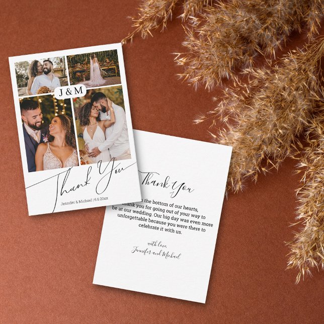 chic handwriting 4 photos wedding thank you card (Creator Uploaded)