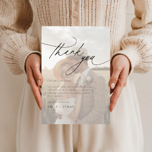 Chic Handwritten Script Wedding 2 Photo Thank You Card