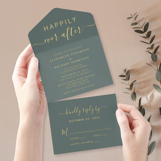 Chic Happily Ever After Sage Green Wedding All In One Invitation (Creator Uploaded)