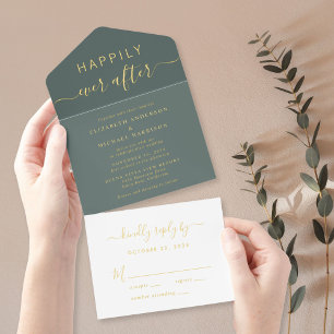 Chic Happily Ever After Sage Green Wedding All In One Invitation