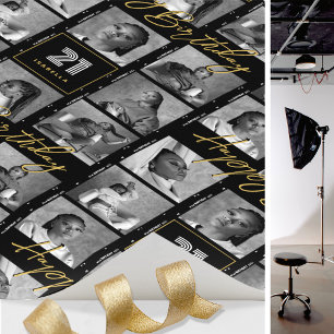 Chic Happy Birthday Photo Film Strip Black Gold Wrapping Paper