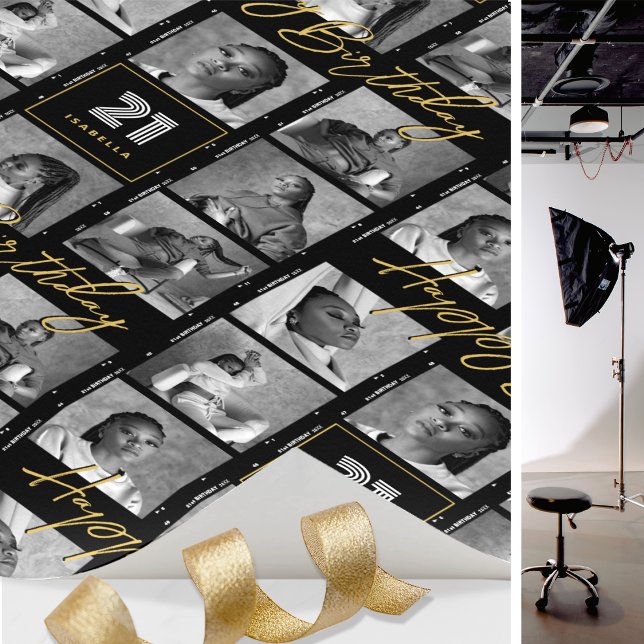 Chic Happy Birthday Photo Film Strip Black Gold Wrapping Paper (Creator Uploaded)