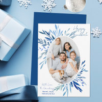 Chic Happy Hanukkah Blue Botanical Family Photo