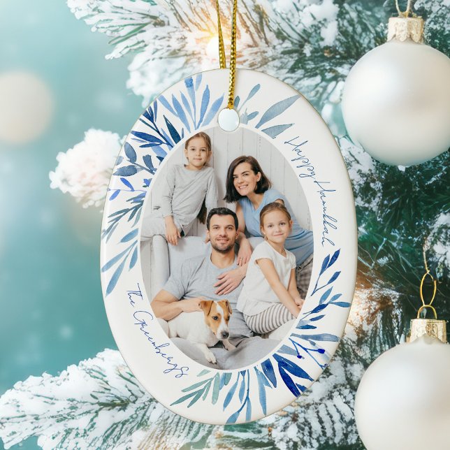 Chic Happy Hanukkah Family Photo Blue Ceramic Tree Decoration (Creator Uploaded)