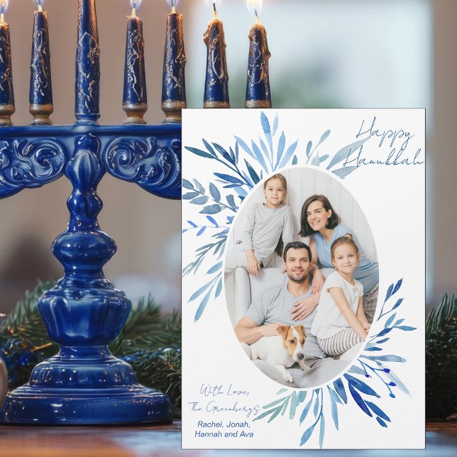 Chic Happy Hanukkah Family Photo Blue Magnet Card (Creator Uploaded)