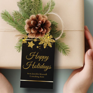 Chic Happy Holidays Black Gold Snowflake Custom Gift Tags