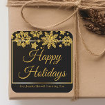 Chic Happy Holidays Black Gold Snowflake Custom Square Sticker<br><div class="desc">Chic corporate Christmas sticker with Happy Holidays written in elegant gold cursive script under a beautiful border of snowflakes falling on a modern black holiday label. Customise this professional holiday sticker with your company or business name.</div>