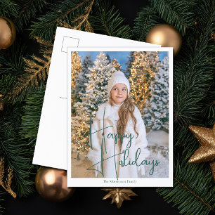Chic Happy Holidays Green Script Overlay Photo Holiday Postcard