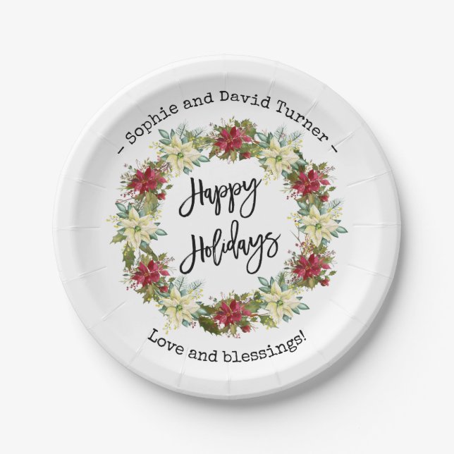 Chic Happy Holidays Script Poinsettia Monogram Paper Plate (Front)