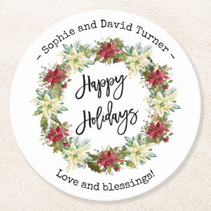 Chic Happy Holidays Script Poinsettia Monogram Round Paper Coaster